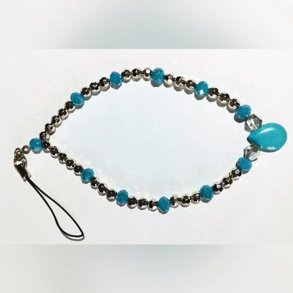Elegant Silver and Aqua Blue Turquoise Handmade Beaded Wrist Strap